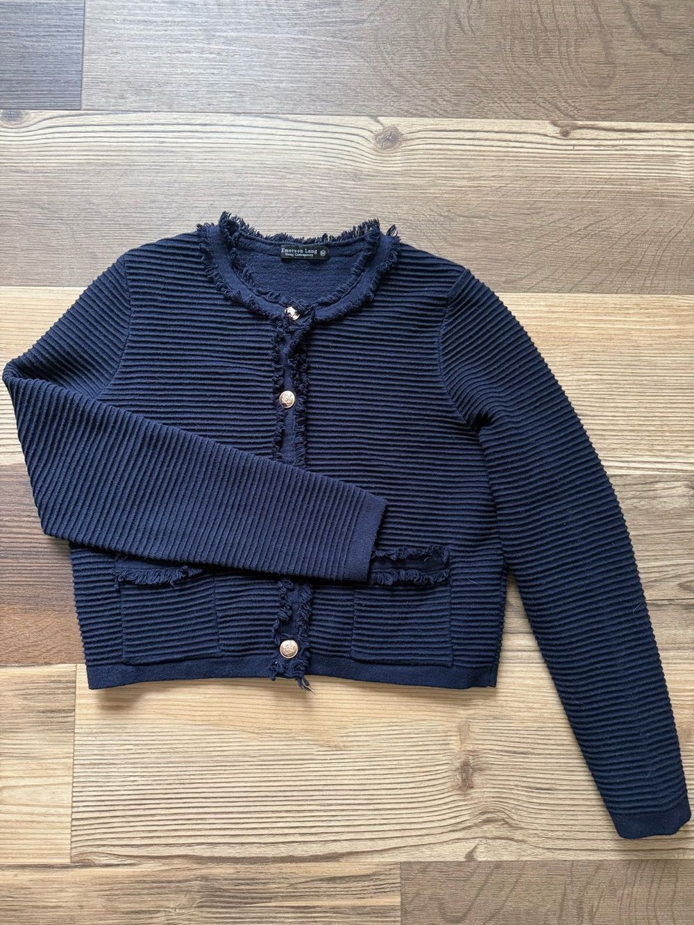 Navy Ribbed Raw Hem Cardigan with Gold Buttons Sz M Academia Preppy Old Money